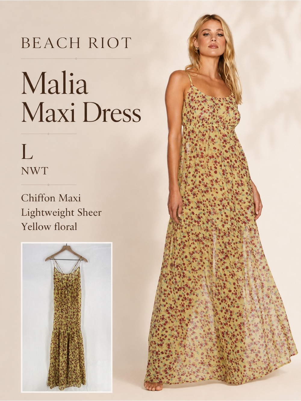 Beach Riot Malia Maxi Dress Womens Large Yellow Floral Back Tie Spaghetti Strap